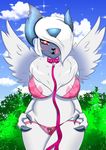  absol anthro areola big_breasts blush breasts chest_tuft claws clothing collar ear_piercing female leash looking_at_viewer mega_absol mega_evolution nintendo nipple_bulge open_mouth piercing pok&eacute;mon slightly_chubby teeth the_curvy_geek thick_thighs tongue tongue_out tongue_piercing tuft video_games 