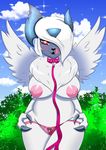  absol anthro areola big_breasts blush breasts chest_tuft claws clothing collar ear_piercing female leash looking_at_viewer mega_absol mega_evolution nintendo nipple_piercing nipples open_mouth panties piercing pok&eacute;mon red_eyes slightly_chubby teeth the_curvy_geek thick_thighs tongue tongue_out tongue_piercing tuft underwear video_games 