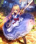  alice_(shingeki_no_bahamut) blonde_hair blue_eyes boots card clock crown cygames dress fantasy flower hairband hand_on_hip holding holding_sword holding_weapon long_hair official_art playing_card pocket_watch pointing_sword ribbon shadowverse shingeki_no_bahamut sword tachikawa_mushimaro watch weapon 