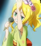  arm_up armpit_peek armpits blonde_hair clenched_teeth enka flower green_eyes hair_flower hair_ornament haruyama_kazunori heybot! japanese_clothes kasrina kimono microphone ponytail rose short_hair solo sparkling_eyes teeth 