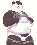  bear black_fur black_hair blush clothed clothing clothing_lift erect_nipples flaccid fur hair mammal navel nipples overweight panda penis shirt shirt_lift simple_background standing sweat translucent transparent_clothing wet_clothes white_fur 犬酱 