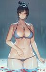  bangs bare_shoulders between_breasts bikini blue_bikini breasts brown_eyes brown_hair cleavage collarbone commentary cowboy_shot front-tie_bikini front-tie_top glasses hair_bun hair_ornament hair_stick highres instant_ip large_breasts lips looking_at_viewer mei_(overwatch) navel overwatch parted_lips petals petals_on_liquid solo standing swept_bangs swimsuit thigh_gap wading water water_drop wet 