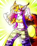 2014 5_fingers anthro blonde_hair clothed clothing feline fur hair lynx mammal midriff navel neotheta purple_eyes smile solo spots spotted_fur 