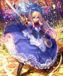  alice_(shingeki_no_bahamut) blonde_hair blue_eyes boots card clock corset crown cygames dress flower hairband hand_on_hip holding holding_sword holding_weapon lantern long_hair official_art petals playing_card pocket_watch pointing_sword ribbon shadowverse shingeki_no_bahamut sword tachikawa_mushimaro watch weapon 