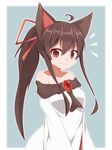 ahoge animal_ears ao_(aoblueao) breasts brooch brown_hair collarbone dress hair_ornament hair_ribbon imaizumi_kagerou jewelry long_hair long_sleeves looking_at_viewer medium_breasts off_shoulder ponytail red_eyes ribbon solo touhou very_long_hair wide_sleeves wolf_ears 