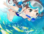  air_bubble ama_mitsuki bangs bikini blue_bikini blush breasts brown_hair bubble collarbone commentary diving diving_mask diving_mask_on_head diving_regulator fish flippers floating_hair goggles goggles_on_head grey_eyes hair_ornament hair_scrunchie long_hair looking_afar low_twintails original school_of_fish scrunchie scuba scuba_gear scuba_tank small_breasts solo submerged swimsuit twintails underwater you're_doing_it_wrong 