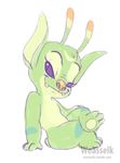  2017 3_toes 4_fingers alien antennae arm_markings black_eyes bonnie_(lilo_and_stitch) colored_sketch digital_media_(artwork) disney experiment_(species) eyelashes fangs forehead_marking fur green_fur half-closed_eyes head_tuft leg_markings lilo_and_stitch looking_at_viewer markings no_sclera orange_nose philtrum pose raised_eyebrow simple_background small_tail smile solo toes tuft url watermark weasselk 