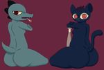  absurd_res anthro baseball_bat bea_(nitw) big_butt breasts butt cat cigarette crocodile crocodilian duo feline female hair hi_res looking_at_viewer looking_back mae_(nitw) mammal night_in_the_woods red_background red_eyes reptile salamikii scalie side_boob simple_background slightly_chubby thick_thighs wide_hips 