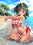  :d arm_support beach bikini black_hair blush breasts cleavage dark_skin day feet_out_of_frame floral_print flower frilled_bikini frills hair_flower hair_ornament idolmaster idolmaster_cinderella_girls large_breasts looking_at_viewer mio_(mgr300) natalia_(idolmaster) ocean open_mouth outdoors partially_submerged purple_eyes short_hair smile solo squatting swimsuit water wet white_bikini 