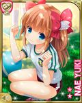  arms_up ball blue_eyes brown_hair buruma card_(medium) character_name clenched_hands from_above girlfriend_(kari) gym_uniform kneehighs long_hair looking_up multiple_girls outdoors qp:flapper ribbon shirt shoes smile sneakers squatting twintails two_side_up white_legwear yuuki_nae 