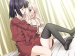  2girls bed black_hair blonde_hair blush cg couple cuddling embarrassed game_cg green_eyes hug hug_from_behind kawamura_reo official_art panty peko sawaguchi_mai school_uniform sitting skirt sono_hanabira_ni_kuchizuke_wo thighhighs uniform yuri 