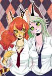  2girls artist_request cheetach furry green_eyes green_hair long_hair lynx_(species) red_hair school_uniform 