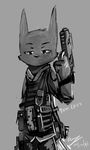  2016 anthro bulletproof_vest canine clothed clothing dual_wielding english_text fox grey_background greyscale gun handgun holding_object holding_weapon male mammal monochrome panzery25 pistol ranged_weapon rifle signature simple_background solo standing text unfinished weapon 