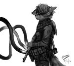  2016 anthro belt bulletproof_vest cable canine clothed clothing death_stranding explosives grenade greyscale gun holding_object holding_weapon male mammal monochrome night_vision_goggles panzery25 parody ranged_weapon scarf side_view signature simple_background solo standing submachine_gun utility_belt weapon white_background wolf 