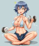  absurdres barefoot bikini_top blue_hair blush braid cutoffs denim denim_shorts dumbbell exercise girls_und_panzer highres navel open_mouth pepperoni_(girls_und_panzer) sekai_saisoku_no_panda short_hair short_shorts shorts solo sweat weights 