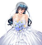  bangs bare_shoulders blue_hair blush bouquet breasts bridal_veil collarbone commentary_request dress earrings elbow_gloves eyebrows_visible_through_hair flower gloves green_eyes holding igawa_asagi jewelry kagami_hirotaka large_breasts lipstick long_hair makeup necklace official_art open_mouth simple_background smile solo strapless strapless_dress taimanin_(series) taimanin_asagi veil wedding_dress white_background white_dress 