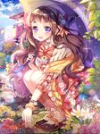  blush bow brown_hair company_name eyebrows_visible_through_hair flower furyou_michi_~gang_road~ hair_bow holding holding_umbrella long_hair looking_at_viewer official_art parasol parted_lips purple_eyes red_bow smile solo squatting teeth umbrella yeonwa 
