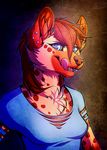  2013 anthro blue_eyes breasts clothed clothing ear_piercing eyelashes female hyena inner_ear_fluff mammal neotheta piercing smile solo teeth tongue 