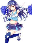  :d arm_up armpits blue_hair blue_legwear blue_shirt blue_skirt brown_eyes bush character_name cheerleader collarbone copyright_name elbow_gloves fingerless_gloves floating_hair gloves hair_between_eyes headphones heart leg_up long_hair love_live! love_live!_school_idol_project microphone midriff miniskirt navel open_mouth pleated_skirt pom_poms shirt simple_background skirt sleeveless smile solo sonoda_umi standing standing_on_one_leg star star_print stomach striped striped_gloves thighhighs white_background yuuyu 