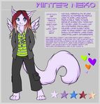  2013 4_toes anthro barefoot blue_eyes cat clothed clothing digitigrade english_text feathered_wings feathers feline female fur mammal model_sheet neotheta solo text toes white_fur wings 