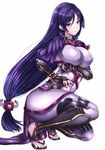  armor black_gloves blush breasts cleavage eyebrows_visible_through_hair fate/grand_order fate_(series) fingerless_gloves gloves highres large_breasts long_hair looking_at_viewer low-tied_long_hair minamoto_no_raikou_(fate/grand_order) parted_lips purple_eyes purple_hair sandals simple_background smile solo squatting sword taka-kun very_long_hair weapon white_background 
