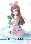  a.i._channel artist_name blue_eyes blush breasts brown_hair controller copyright_name game_controller hairband highres holmemee kizuna_ai large_breasts long_hair looking_at_viewer open_mouth sideboob sitting smile solo teeth thighhighs virtual_youtuber wariza white_legwear 