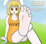  anthro dactdigityl dialogue english_text feet female foot_fetish foot_focus lagomorph looking_at_viewer mammal mink mustelid one_piece rabbit soles text toes 