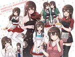  :d akagi_(kantai_collection) alternate_costume apron armpit_peek bare_arms bare_shoulders black_dress black_hakama black_legwear bowl box breasts brown_eyes brown_hair chopsticks collarbone dress dumpling eyebrows_visible_through_hair food fukuroumori gift gift_box gloves hair_between_eyes hakama heart holding holding_bowl holding_chopsticks holding_gift holding_instrument holding_spoon instrument japanese_clothes jiaozi kantai_collection long_dress long_hair long_sleeves medium_breasts multiple_views muneate one_eye_closed open_mouth partly_fingerless_gloves pink_shirt red_hakama shirt short_sleeves simple_background smile spoon standing strapless strapless_dress tasuki thighhighs violin white_coat white_legwear white_shirt yugake 