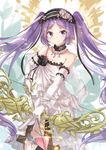 absurdres blush bow_(weapon) breasts cleavage elbow_gloves euryale eyebrows_visible_through_hair fate/grand_order fate_(series) gloves highres holding holding_bow_(weapon) holding_weapon holmemee jewelry long_hair looking_at_viewer necklace purple_eyes purple_hair small_breasts smile solo twintails weapon white_gloves 