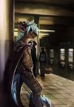  anthro blue_hair clothed clothing detailed_background dragon group hair horn lukiri male smile standing 