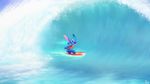  16:9 2017 4_fingers alien blue_claws blue_fur blue_nose bottomless claws clothed clothing digital_media_(artwork) digital_painting_(artwork) disney experiment_(species) fur head_tuft hi_res life_jacket lilo_and_stitch notched_ear petrock signature small_tail smile solo stitch surfboard surfing toe_claws touching_water tuft wallpaper water wave 