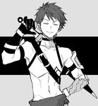  belt closed_eyes fate/grand_order fate_(series) fergus_mac_roich_(young)_(fate/grand_order) gloves greyscale hand_on_hip in_kai male_focus monochrome sleeveless smile solo sword weapon 