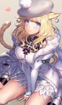  animal_ears blonde_hair blue_eyes blush breasts earrings eyebrows_visible_through_hair final_fantasy final_fantasy_xiv grey_hat heart jewelry large_breasts looking_at_viewer miqo'te senchat short_hair sitting smile solo tail twitter_username wariza 