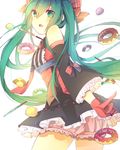  black_dress cowboy_shot detached_sleeves doughnut dress eyebrows_visible_through_hair fingerless_gloves floating_hair food from_below gloves green_eyes green_hair hair_between_eyes hair_ribbon hatsune_miku long_hair looking_at_viewer looking_back necktie open_mouth pink_shorts red_gloves red_neckwear red_ribbon ribbon short_dress short_shorts shorts simple_background sip_(pixiv5864952) sketch sleeveless sleeveless_dress solo standing striped twintails vertical_stripes very_long_hair vocaloid white_background 