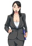  black_hair black_skirt blush breasts brown_eyes business_suit cleavage collarbone formal hand_on_hip large_breasts looking_at_viewer mole mole_under_eye office_lady open_mouth original pencil_skirt simple_background skirt solo suit teeth tetsukui white_background 