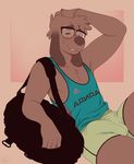  anthro bearra blush brown_fur brown_hair brown_nose bulge canin clothing erection eyewear fur glasses green_eyes gym_bag hair invalid_tag male penis_outline shirt shorts solo sweat tank_top 