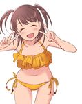  :d ^_^ bangs bikini blush character_request closed_eyes collarbone cowboy_shot double_v eyebrows_visible_through_hair facing_viewer frilled_bikini frills idolmaster leaning_forward navel open_mouth orange_bikini simple_background smile solo swimsuit tanaka_(colorcorn) thighs v white_background 