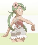  apron ass back bare_shoulders bow cropped_legs dark_skin flower from_behind green_eyes green_hair hair_flower hair_ornament highres long_hair looking_at_viewer looking_back mao_(pokemon) nomura_(buroriidesu) overalls pink_shirt poke_ball poke_ball_(generic) pokemon pokemon_(game) pokemon_sm shirt simple_background sleeveless sleeveless_shirt solo trial_captain twintails white_background 