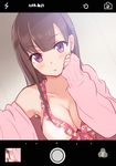  bangs blush breasts brown_hair cardigan character_request cleavage closed_mouth collarbone copyright_request dutch_angle eyebrows_visible_through_hair large_breasts long_hair looking_at_viewer open_cardigan open_clothes phone_screen purple_eyes self_shot shade sidelocks sleeves_past_wrists solo tanaka_(colorcorn) upper_body viewfinder 