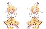  :d ^_^ animal_ears bangs blonde_hair blush breasts closed_eyes cowboy_shot eyebrows_visible_through_hair facing_viewer hands_up heart high-waist_skirt kemono_friends looking_at_viewer medium_breasts multiple_views open_mouth paw_pose serval_(kemono_friends) serval_ears serval_print serval_tail simple_background skirt smile tail tanaka_(colorcorn) tareme thighhighs thighs v-shaped_eyebrows white_background yellow_eyes zettai_ryouiki 