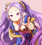  1girl blush breasts chinese_clothes dress fate/grand_order fate_(series) frills hair_ornament long_hair purple_eyes purple_hair ribbon smile twintails wu_zetian_(fate/grand_order) 