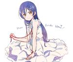  bangs blue_hair blush brown_eyes character_name closed_mouth dress eyebrows_visible_through_hair frilled_dress frills from_side hair_between_eyes hand_up happy_birthday heart holding holding_ribbon long_hair looking_at_viewer love_live! love_live!_school_idol_project red_ribbon ribbon short_sleeves simple_background sketch smile solo sonoda_umi tanaka_(colorcorn) white_background white_dress 