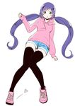  :o black_legwear blush eyebrows_visible_through_hair full_body green_eyes hair_bobbles hair_ornament hand_up heart hood hoodie knees_touching long_hair looking_at_viewer love_live! love_live!_school_idol_project low_twintails open_mouth pink_footwear purple_hair shoes short_shorts shorts simple_background sleeves_past_wrists sneakers solo tanaka_(colorcorn) tareme thighhighs thighs toujou_nozomi twintails very_long_hair white_background 