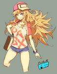  :d absurdres artist_name bag bangs baseball_cap blue_eyes blue_shorts bracelet breasts collarbone cropped_legs dated denim denim_shorts fbc grey_background hat headgear highres idolmaster idolmaster_cinderella_girls jewelry large_breasts long_hair looking_at_viewer messy_hair ootsuki_yui open_mouth orange_hair pink_hat shiny shiny_hair shiny_skin shirt short_sleeves shorts sidelocks signature simple_background smile solo spiked_hair t-shirt 