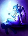  2014 4_toes anthro blue_hair breasts canine clothed clothing digitigrade female fox hair hybrid mammal memmbranous_wings midriff navel neotheta pink_eyes sitting smile solo toes 