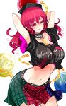  ;) armpit_peek arms_behind_head arms_up bangs black_shirt breasts chain clothes_writing collar commentary cowboy_shot crop_top crop_top_overhang earth_(ornament) gold_chain groin hecatia_lapislazuli highres large_breasts long_hair looking_at_viewer miniskirt moon_(ornament) multicolored multicolored_clothes multicolored_skirt navel off-shoulder_shirt one_eye_closed parted_lips plaid plaid_skirt pointy_ears polos_crown raptor7 red_eyes red_hair shirt skirt smile solo stomach t-shirt touhou 