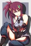  armor bare_shoulders brown_eyes gloves hair_ornament highres long_hair monster_hunter nargacuga_(armor) nylon77_degrees_celsius red_hair side_ponytail smile solo teeth thighs 