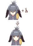  alternate_hairstyle arrow bangs before_and_after black_hair blunt_bangs commentary cutting_hair grey_hair grey_neckwear grey_shirt hair_between_eyes head_wings hime_cut kemono_friends long_hair looking_at_viewer multicolored_hair multiple_views necktie shirt shoebill_(kemono_friends) side_ponytail upper_body yellow_eyes zatracenie 