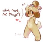  &lt;3 animal_crossing anthro blush breasts buckteeth canid canine canis dog english_text female fur isabelle_(animal_crossing) looking_at_viewer mammal navel nintendo nude open_mouth panken pussy simple_background smile solo standing teeth text video_games white_background yellow_fur 