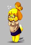  2016 animal_crossing anthro barefoot blush canine clothed clothing dog eyewear female glasses grey_background hair_tie isabelle_(animal_crossing) mammal nintendo panzery25 signature simple_background solo standing sweat sweatdrop video_games 